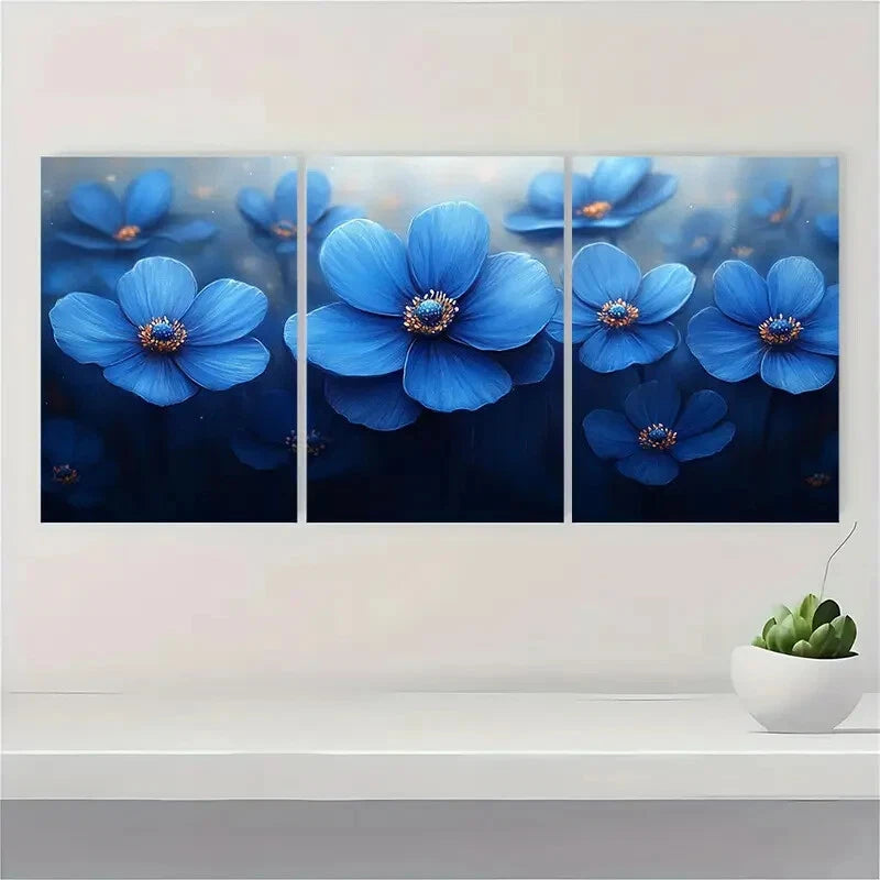 3pcs Painting Print Blue Flower Art Nature Art Metal Print Ready to Hang Art - Bella Home Decor