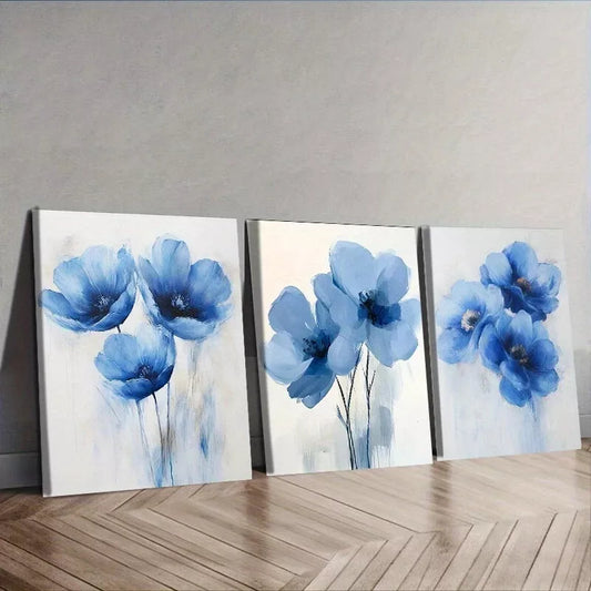 3pcs Featuring Blue Flowers Floral Wall Art Set Canvas Framed 50x70cm - High Quality Print 100% Australian Made Wall Canvas Ready to Hang