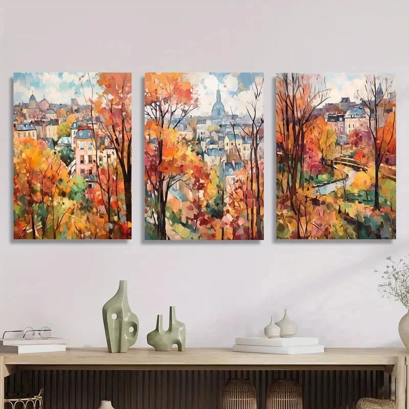 3pcs Birch forest autumn watercolor style, Metal Print Ready to Hang Art