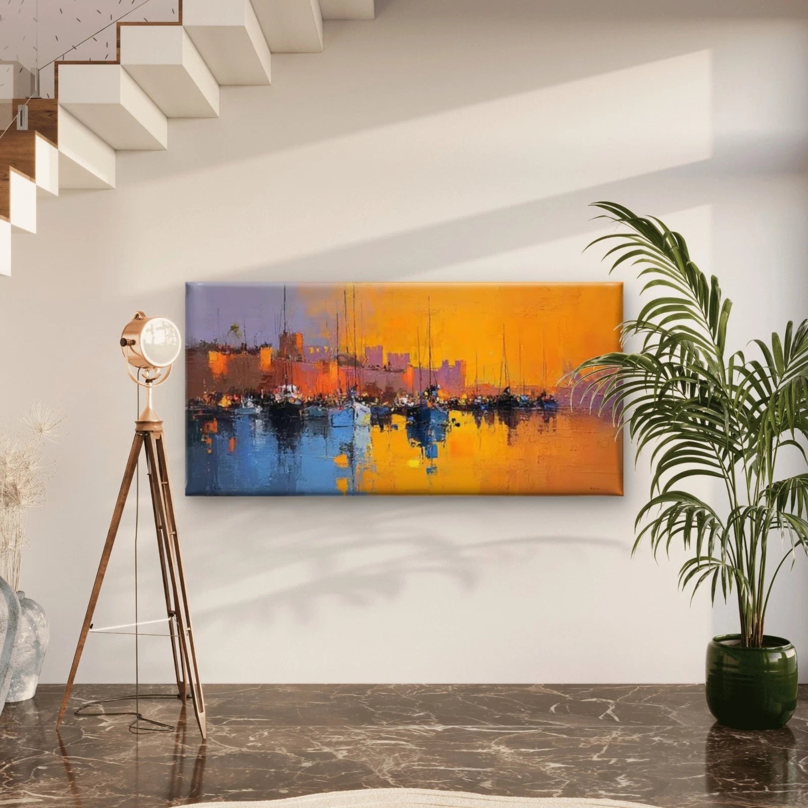 Abstract Coastal Maritime Cityscape Wall Art Canvas Office Home Room Framed 120x60cm - Bella Home Decor