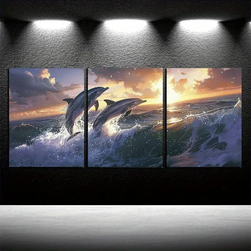 3pcs Vibrant Dolphin Ocean Sunset Scene Metal Print Ready to Hang Art - Bella Home Decor