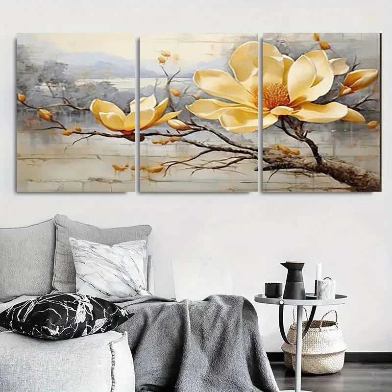 3pcs Elegant Yellow Magnolia Branch Wall Art Set Canvas Framed 40x60cm - High Quality Print 100% Australian Made Wall Canvas Ready to Hang