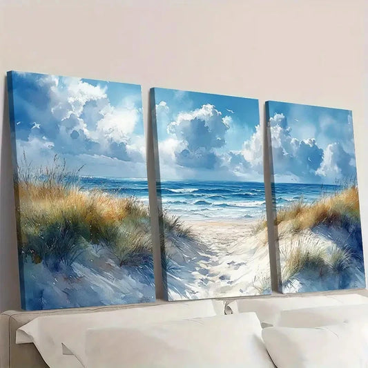 3pcs Sand Dunes and Ocean Scenery sd Wall Art Set Canvas Framed 50x70cm - High Quality Print 100% Australian Made Wall Canvas Ready to Hang
