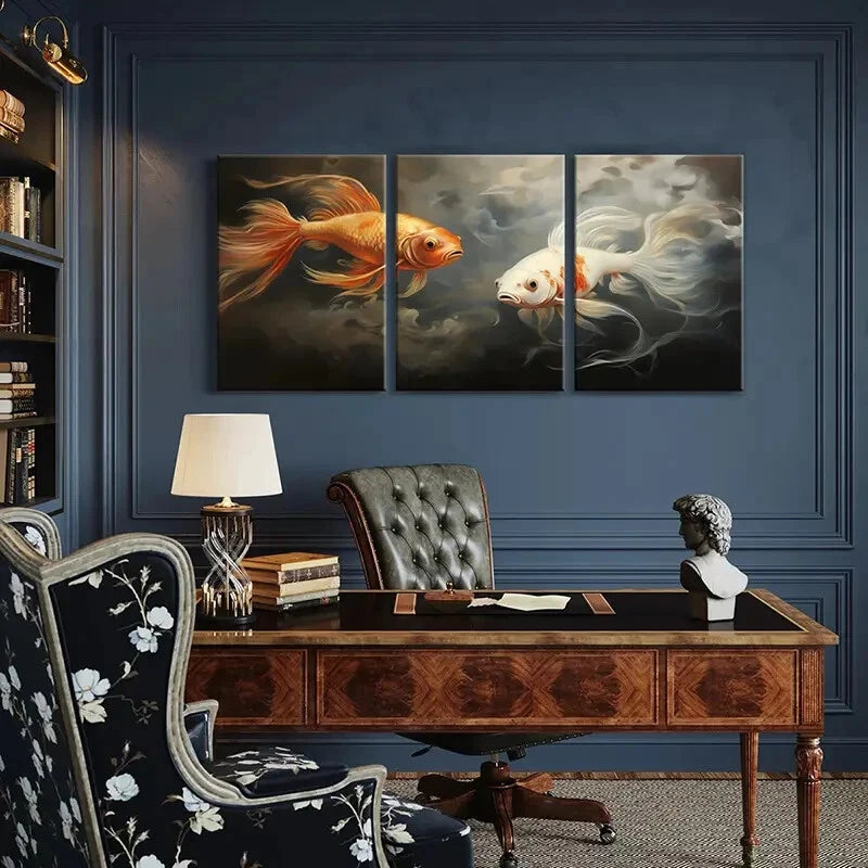 3pcs Golden Fish White Fish Smoke Effect Metal Print Ready to Hang Art - Bella Home Decor