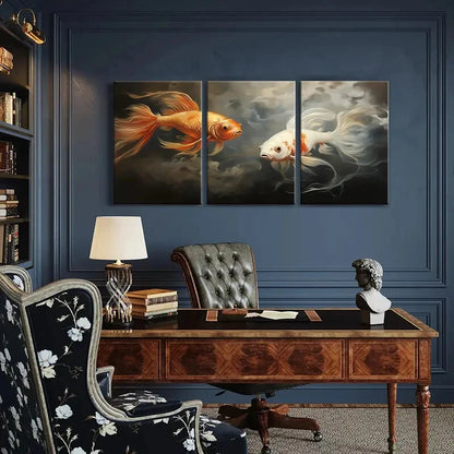 3pcs Golden Fish White Fish Smoke Effect Metal Print Ready to Hang Art - Bella Home Decor