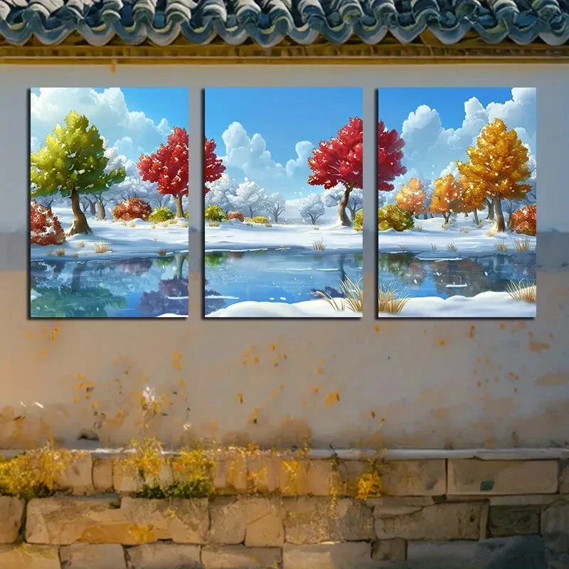 3pcs Serene Trees & Clear Water Bodies Design Metal Print Ready to Hang Art - Bella Home Decor