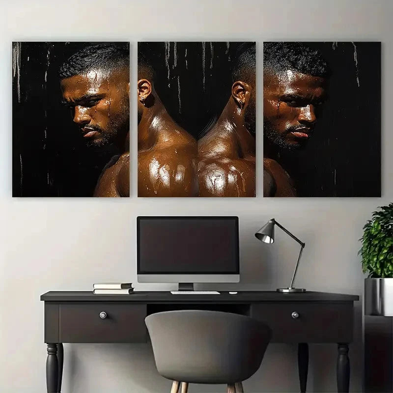 3pcs Black Men Body Muscular Bodies Illustration Metal Print Ready to Hang Art - Bella Home Decor