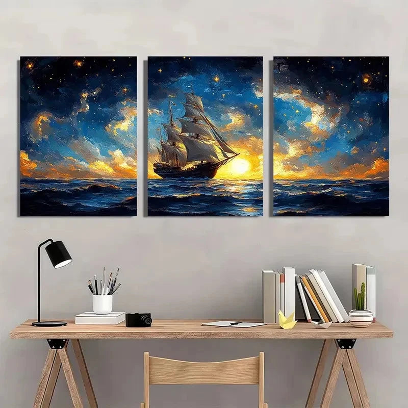 3pcs Surreal Ship & Cosmic Voyage Scene Wall Art Set Canvas Framed 60x90cm - High Quality Print 100% Australian Made Wall Canvas Ready to Hang
