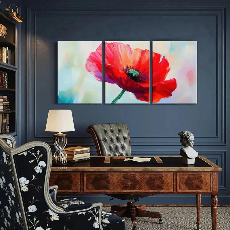 3pcs Vibrant Red Flower Art Abstract Floral Metal Print Ready to Hang Art - Bella Home Decor