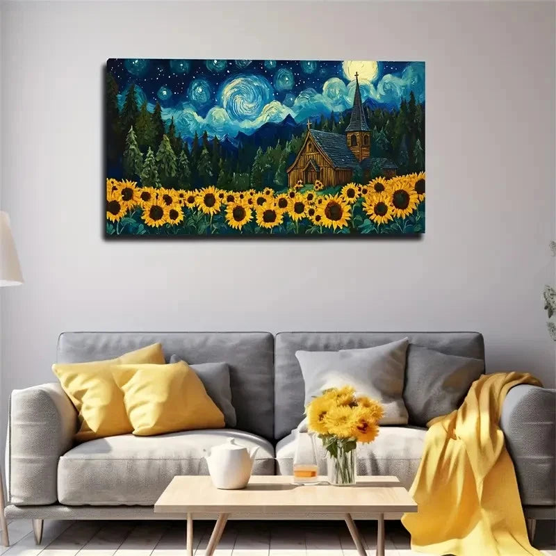 Starry Night Sky & Cozy Cabin Wall Art Canvas Office Home Room Framed 120x60cm