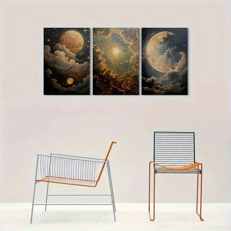 3pcs Starry Night Sky Celestial Moon Clouds Metal Print Ready to Hang Art - Bella Home Decor