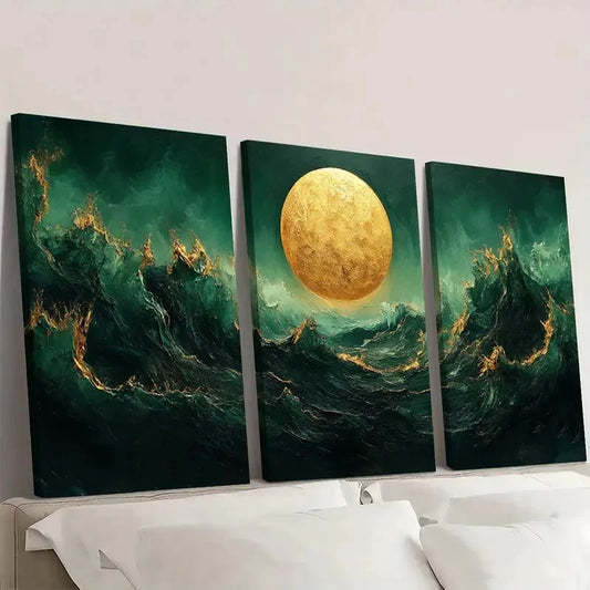 3pcs Golden Textured Minimalist Green G Wall Art Set Canvas Framed 60x90cm - High Quality Print 100% Australian Made Wall Canvas Ready to Hang