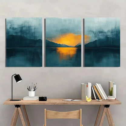 3pcs Teal & Tan Pastel Abstract Reflection Design Metal Print Ready to Hang Art - Bella Home Decor