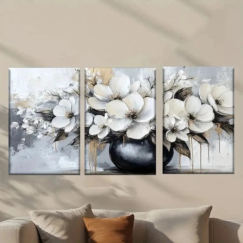 3pcs Elegant White Flowers in Black Vase Wall Art Set Canvas Framed 50x70cm - High Quality Print 100% Australian Made Wall Canvas Ready to Hang