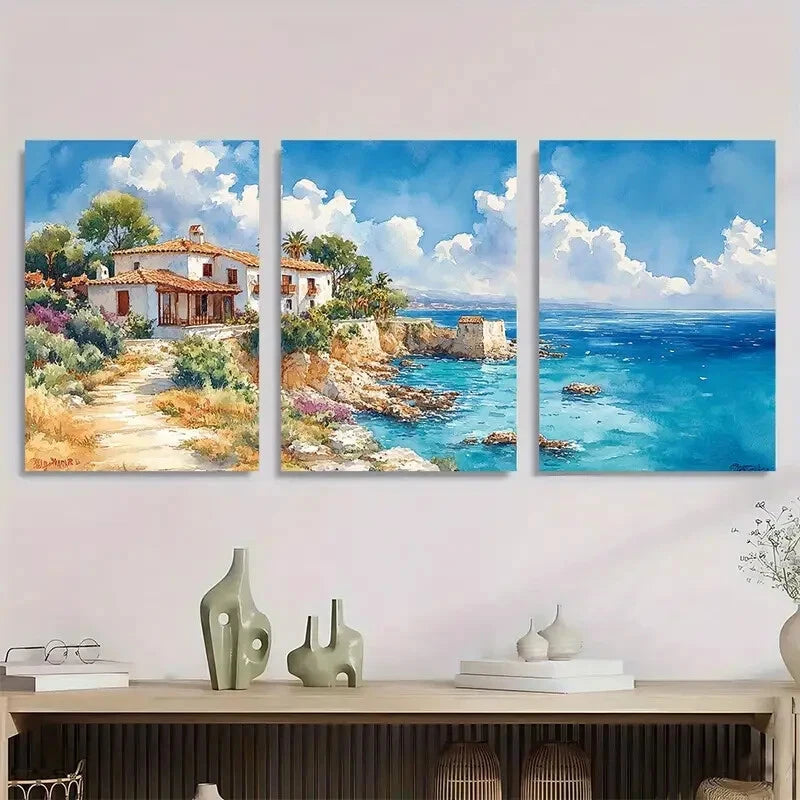 3pcs Coastal Landscape with Turquoise Waters Wall Art Set Canvas Framed 50x70cm - High Quality Print 100% Australian Made Wall Canvas Ready to Hang - Bella Home Decor