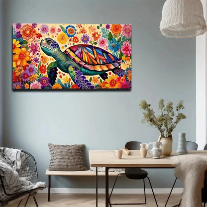 Turtle & Colorful Flowers Wall Art Canvas Office Home Room Framed 120x60cm