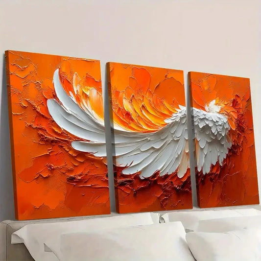 3pcs White & Orange Wing Texture OW Wall Art Set Canvas Framed 40x60cm - High Quality Print 100% Australian Made Wall Canvas Ready to Hang