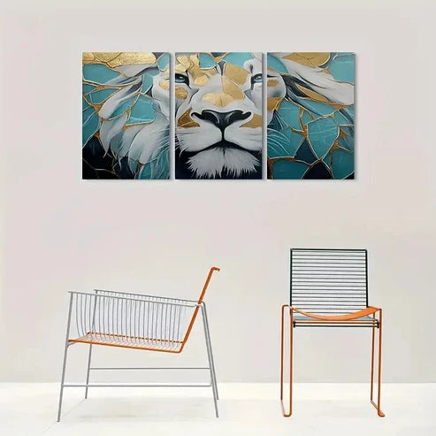 3pcs Lion Golden & Teal Geometric Wall Art Canvas Unframed - High Quality Print 100% Australian Made Wall Canvas