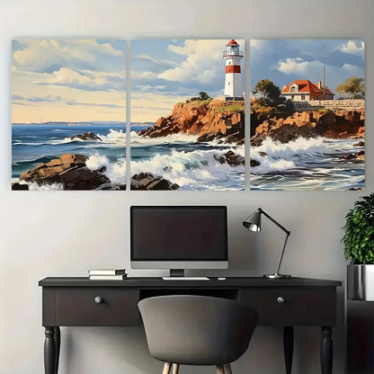 3pcs Scenic Lighthouse Coastal Landscape Metal Print Ready to Hang Art - Bella Home Decor
