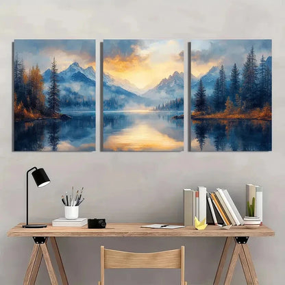 3pcs Serene Alpine Lake Earthy Tones & Sapphire Metal Print Ready to Hang Art