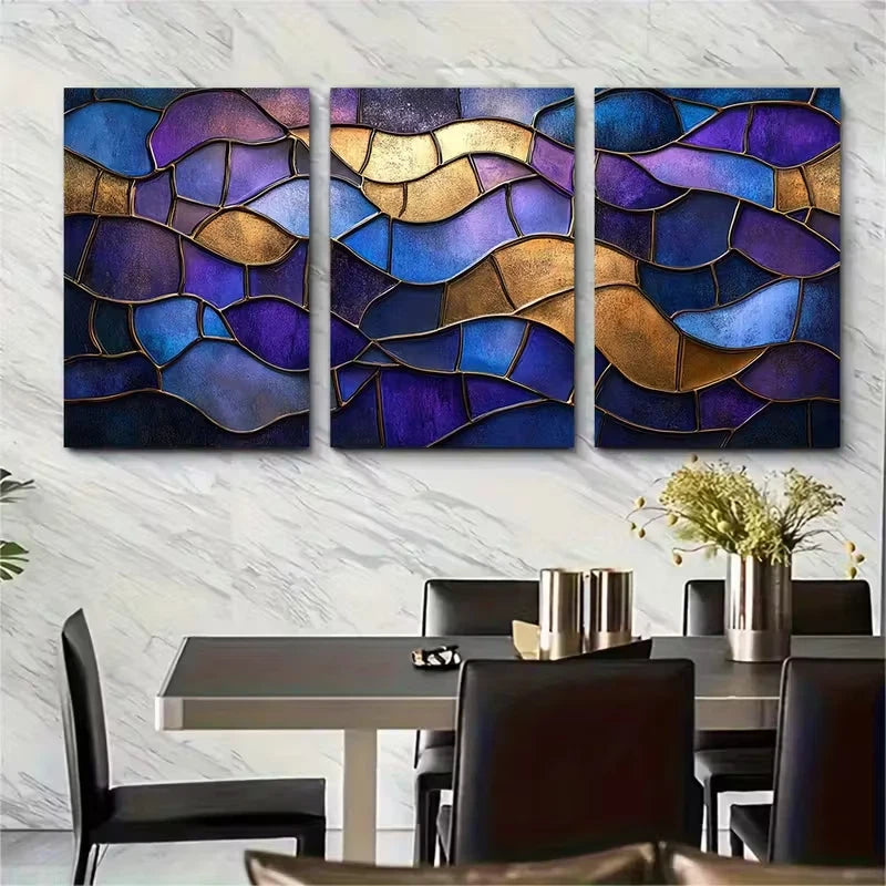 3pcs Elegant Abstract Art Deco Mosaic Metal Print Ready to Hang Art