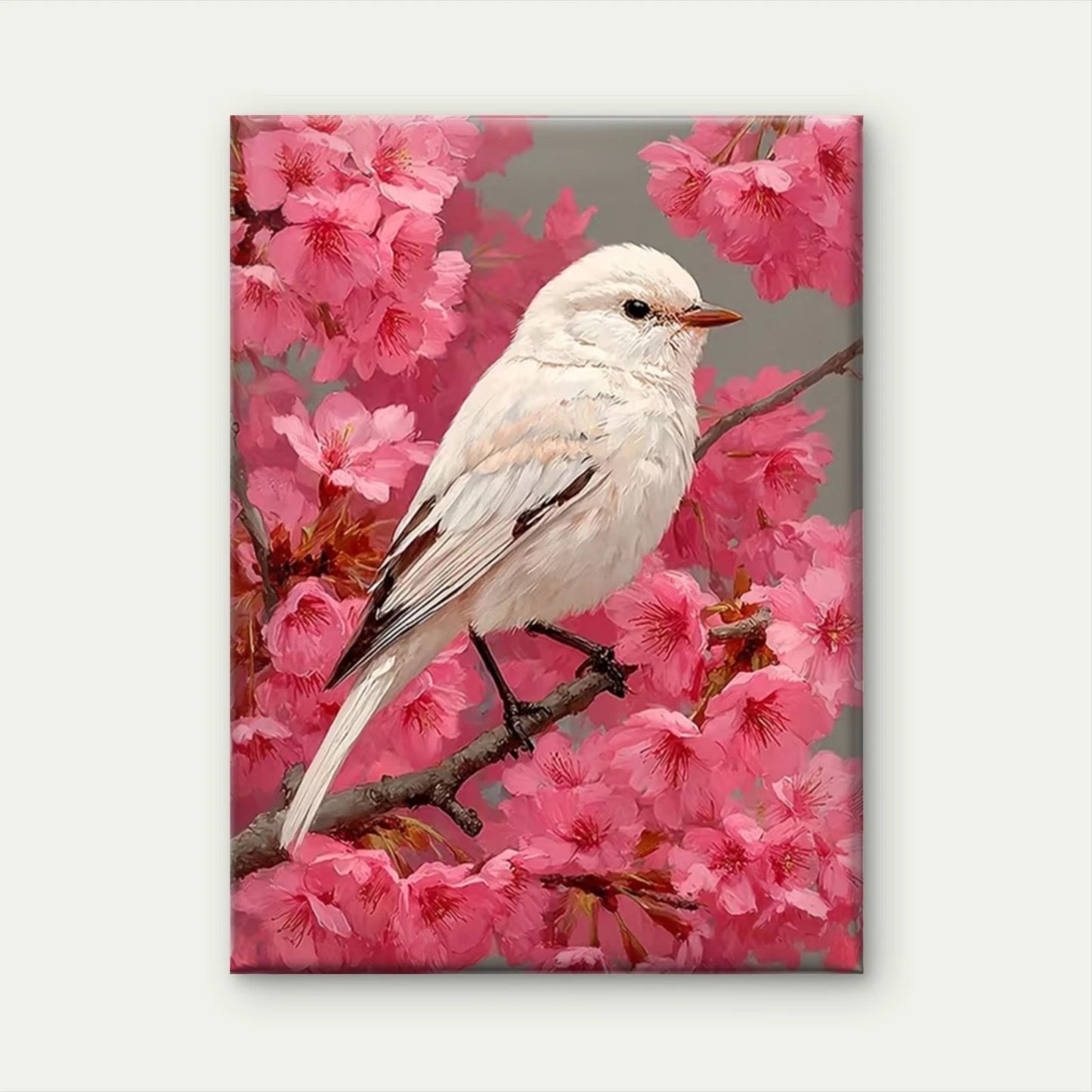 Elegant White Bird on Pink Cherry Blossoms Metal Print Ready to Hang