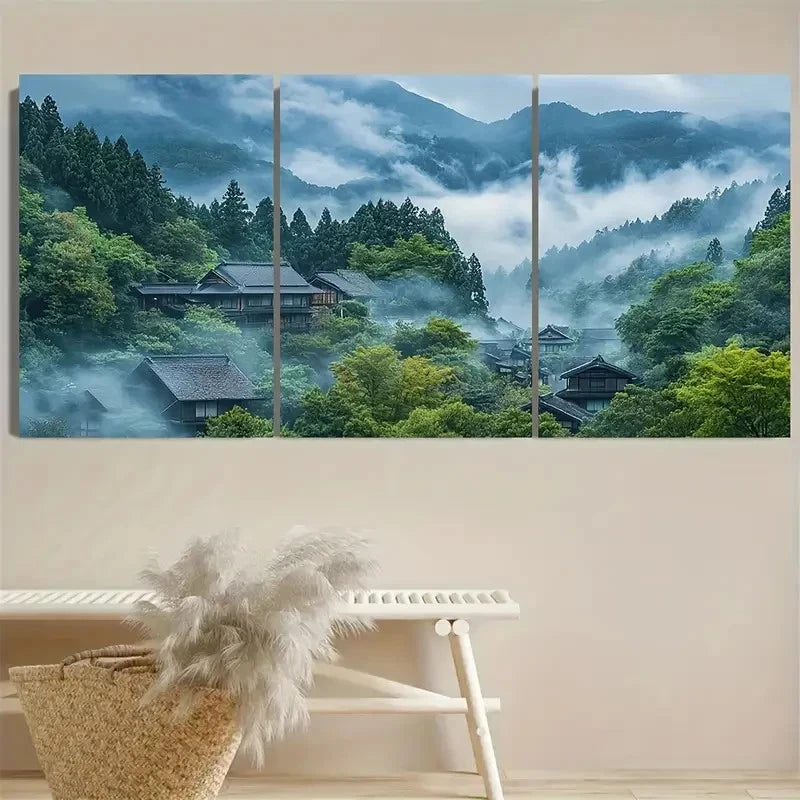 3pcs Misty Mountain Village Atmospheric Wall Art Set Canvas Framed 50x70cm - High Quality Print 100% Australian Made Wall Canvas Ready to Hang