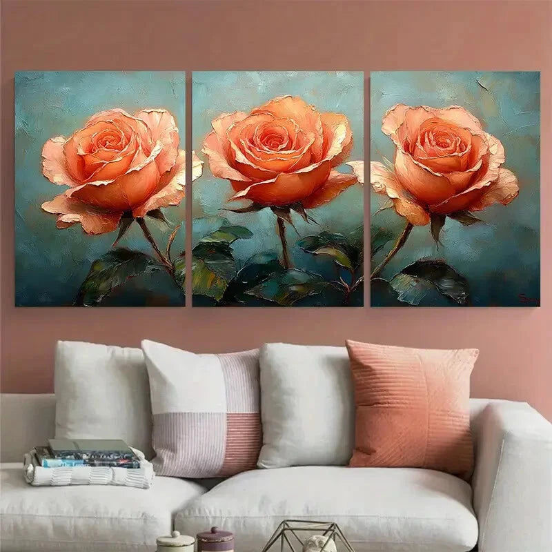 3pcs Rose Flowers Botanical Impasto Design Metal Print Ready to Hang Art - Bella Home Decor