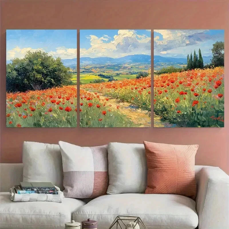 3pcs Tuscany Italy Countryside Poppy Fields Metal Print Ready to Hang Art - Bella Home Decor