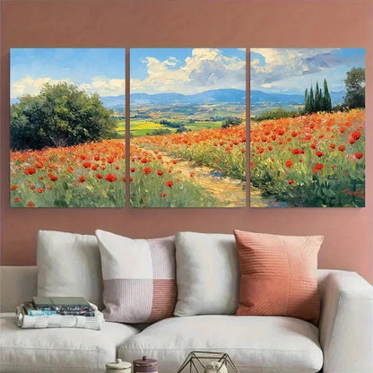 3pcs Tuscany Italy Countryside Poppy Fields Metal Print Ready to Hang Art - Bella Home Decor