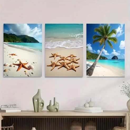3pcs Beach Scene Paradise With Starfish Trees Wall Art Set Canvas Unframed - High Quality Print 100% Australian Made Wall Canvas - Bella Home Decor