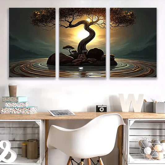 3pcs Bonsai Tree Sunset Vertical Nature Scenes Wall Art Set Canvas Framed 60x90cm - High Quality Print 100% Australian Made Wall Canvas Ready to Hang
