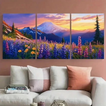 3pcs Mount Rainier Wildflower Mountain Sunset Wall Art Set Canvas Framed 50x70cm - High Quality Print 100% Australian Made Wall Canvas Ready to Hang