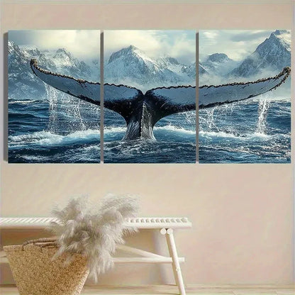 3pcs Whale Tail Splash in Ocean Wall Art Set Canvas Framed 50x70cm - High Quality Print 100% Australian Made Wall Canvas Ready to Hang - Bella Home Decor