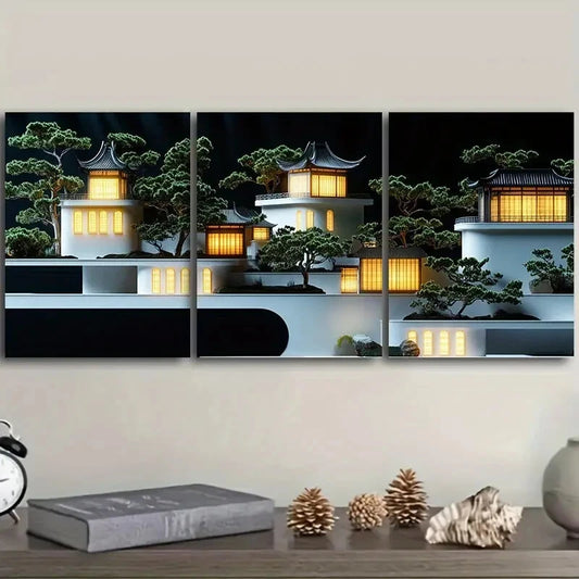 3pcs Ancient architecture Art Painting Metal Print Ready to Hang Art