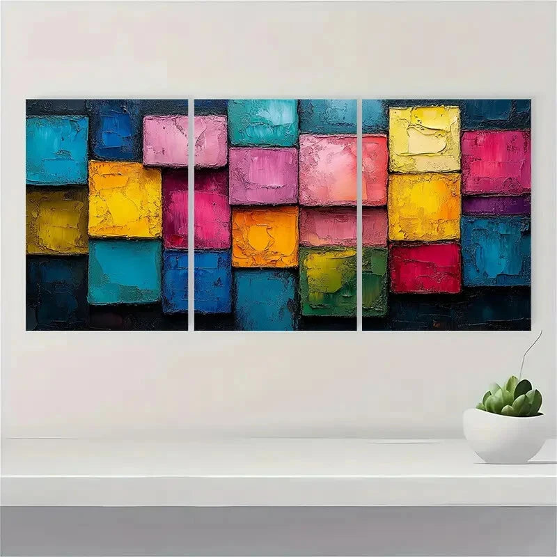 3pcs Abstract Colorful Block Oil Painting Metal Print Ready to Hang Art - Bella Home Decor