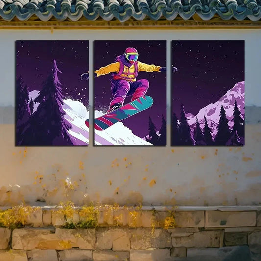 3pcs Snowboarder Skiing in the Snow Illustration Metal Print Ready to Hang Art