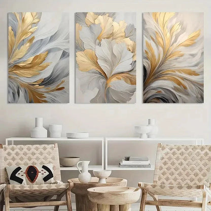 3pcs Modern Abstract Golden & White Leaf Metal Print Ready to Hang Art - Bella Home Decor