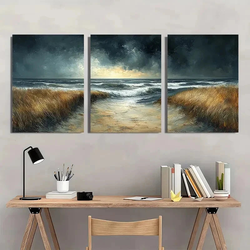 3pcs Abstract Stormy Skies & Ocean Waves Metal Print Ready to Hang Art - Bella Home Decor