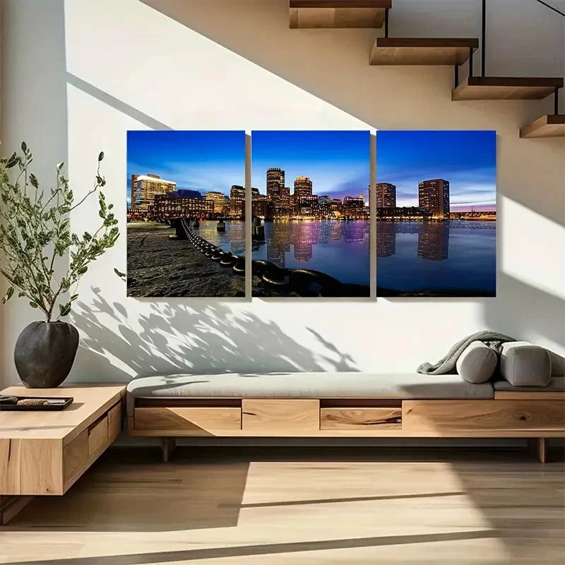 3pcs Vibrant Cityscape with Harbor Walk Metal Print Ready to Hang Art