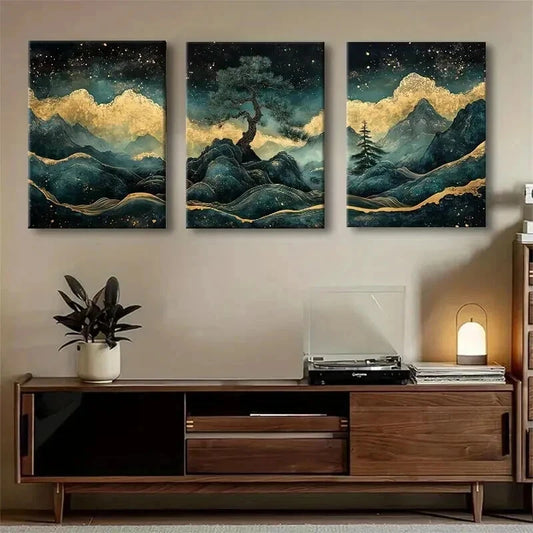 3pcs Golden Mountain Tree Night Sky Perfect Wall Art Set Canvas Framed 50x70cm - High Quality Print 100% Australian Made Wall Canvas Ready to Hang