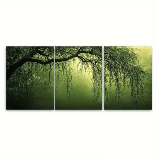 3pcs Moody Green Willow Tree Metal Print Ready to Hang Art