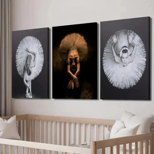 3pcs Graceful Ballerinas in Black White & Gold Wall Art Canvas Unframed - High Quality Print 100% Australian Made Wall Canvas