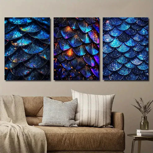 3pcs Blue Glitter Scales Décor Modern Wall Art Canvas Unframed - High Quality Print 100% Australian Made Wall Canvas - Bella Home Decor