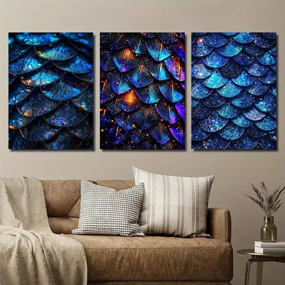 3pcs Blue Glitter Scales Décor Modern Wall Art Canvas Unframed - High Quality Print 100% Australian Made Wall Canvas - Bella Home Decor
