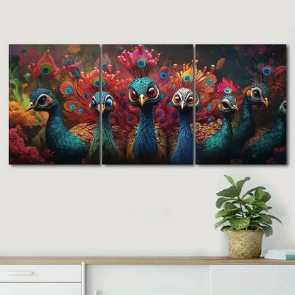 3pcs Flock of Brightly Colored Peacocks Perfect Wall Art Canvas Unframed - High Quality Print 100% Australian Made Wall Canvas