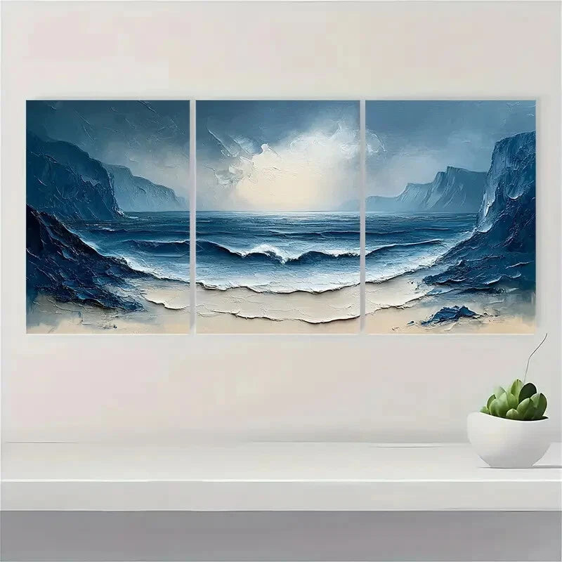 3pcs Coastal Landscape Painting Ocean Abstract Metal Print Ready to Hang Art - Bella Home Decor