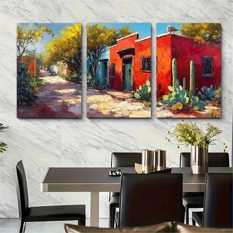 3pcs Red Mexican House Oil Painting Perfect Wall Art Set Canvas Framed 50x70cm - High Quality Print 100% Australian Made Wall Canvas Ready to Hang