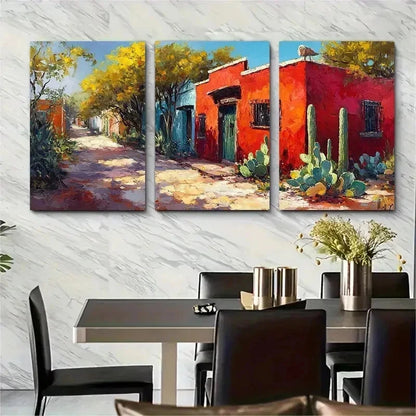 3pcs Red Mexican House Oil Painting Perfect Wall Art Set Canvas Framed 50x70cm - High Quality Print 100% Australian Made Wall Canvas Ready to Hang