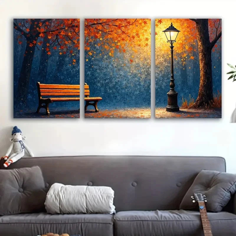 3pcs Autumn Park Bench Landscape Scene Wall Art Set Canvas Framed 50x70cm - High Quality Print 100% Australian Made Wall Canvas Ready to Hang - Bella Home Decor